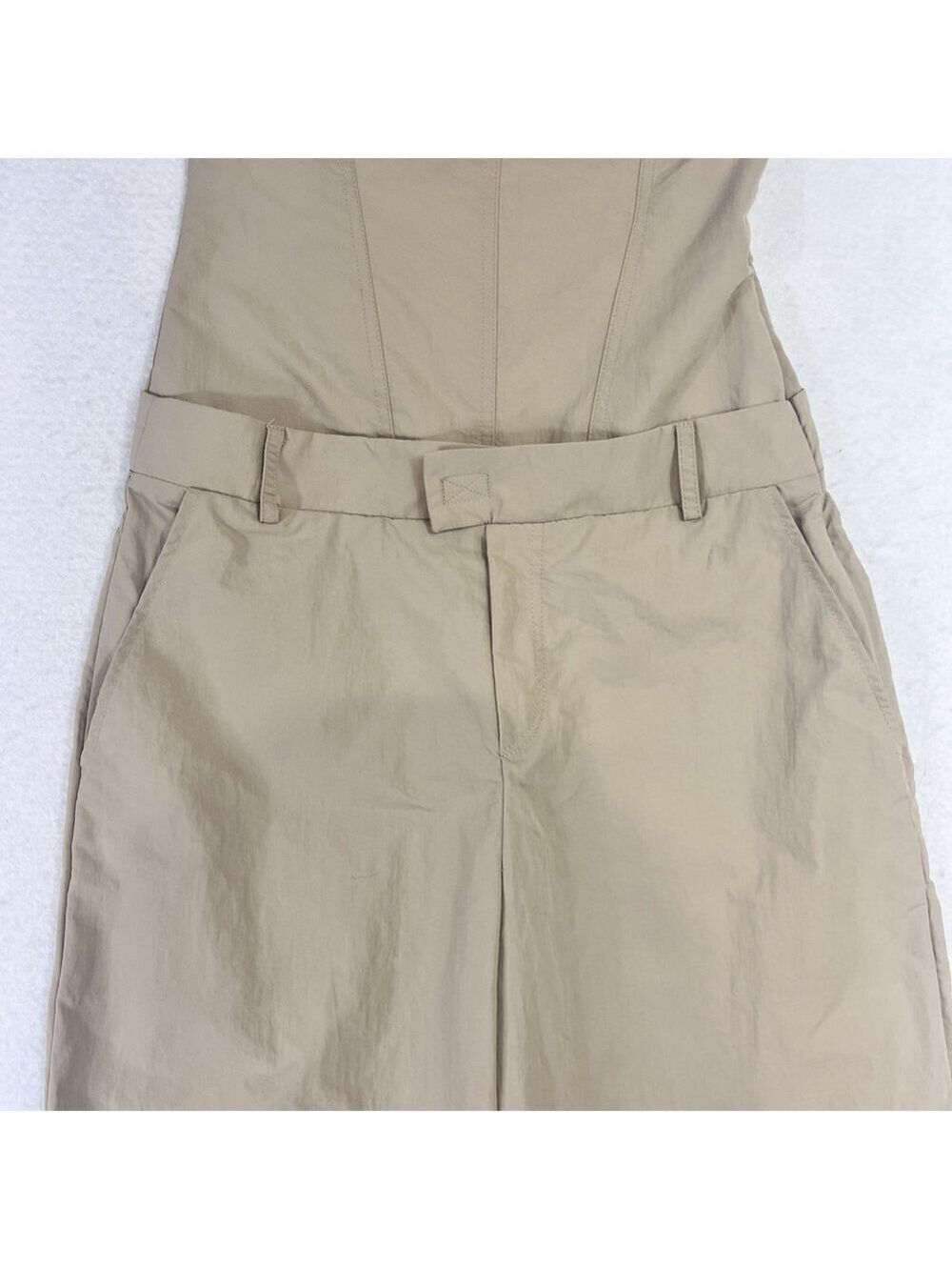 Zara Strapless Jumpsuit Off The Shoulder Wide Leg Khaki Size S Blogger Fav New - Picture 9 of 16